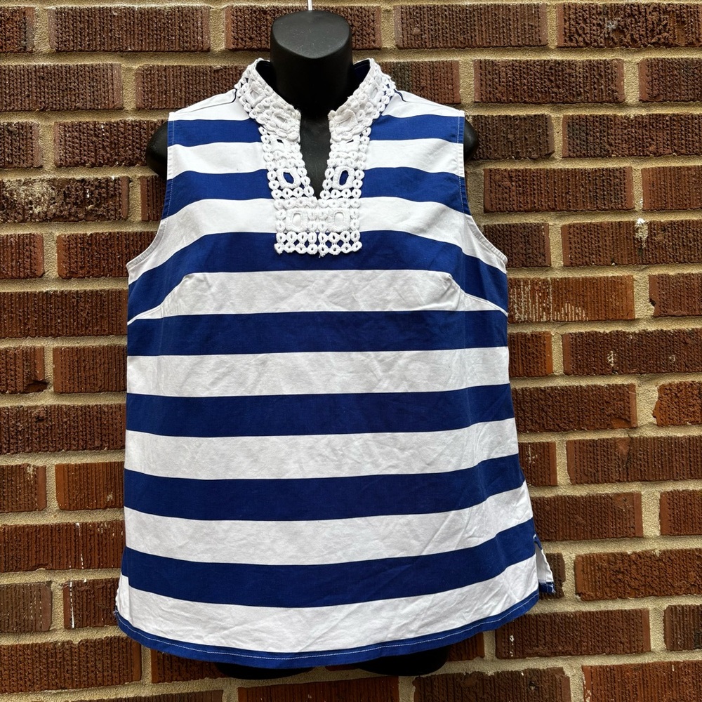 Talbots Sleeveless Striped Tunic Top Navy White Lace collar Sz LP Nautical
